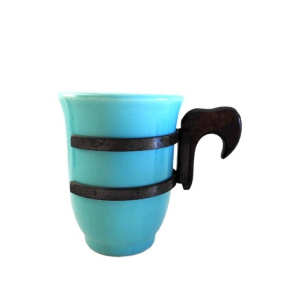 Cyan Artisan Ceramic Small Mug Cup Removable Iron Wood Handle MCM USA